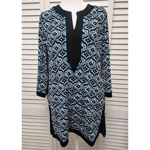 Chicos size 1  Medium Tunic Top Black Blue V Neck Side Slit Long Sleeve